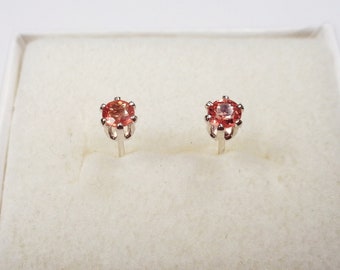 Genuine, 3mm., Padparadscha Sapphire Earrings. Round, Natural, Sapphire, Stud Earrings in Sterling Silver.