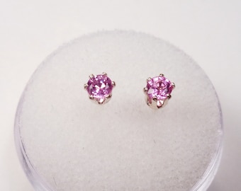 Genuine 3mm. Natural Pink Sapphire Earrings in Sterling Silver