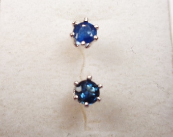 Genuine Sapphire Earrings. 4mm. Dark Blue Sapphire Stud Earrings in Sterling Silver.