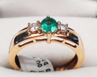 14kt Gold Emerald Ring: Art Deco Diamond Accent Ring, Size 7