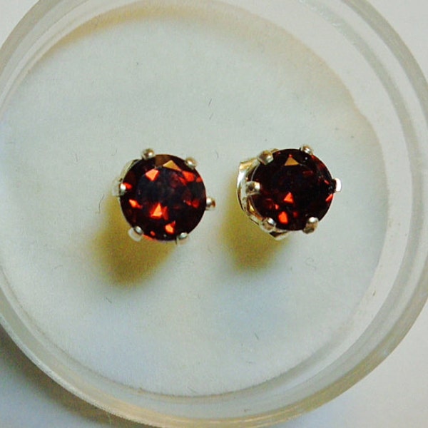 Genuine 5mm., Spessartite Garnet, Posts Earrings in Sterling Silver. Rich Red  Garnets.