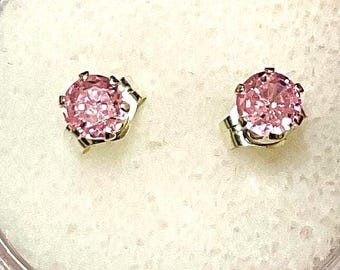 Pink Tourmaline Earrings.  Natural, 4mm, Set in Sterling Silver., Round cut