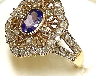Filigree 10kt Gold Tanzanite Ring with Diamond Accents.  The Peace Ring.