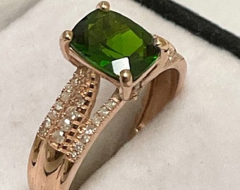 Chrome Diopside Ring set in 14kt. Rose Gold. Natural 1.35 ct. 8 x 6mm. Cushion Cut.  Genuine, One of a kind