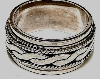 Sterling Silver Commitment band.  Natural, Braided motif, Swivel band, Size 7