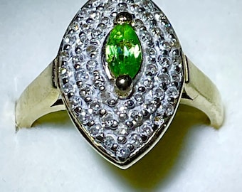Tsavorite Garnet Ring with Diamond Accents set in 14kt Yellow Gold.  Art Deco, Vintage