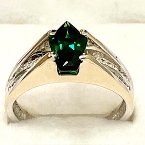 Chrome Diopside Ring.  Statement ring, genuine, fancy cut, 1.4ct, .28ct of Diamonds.  Set in White gold.  Size 7