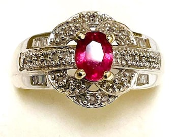Art Deco Ruby Ring, 14kt White Gold, Diamond Accents, Size 7
