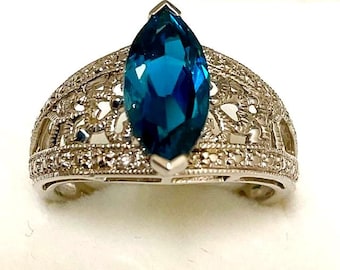10kt White Gold Marquise London Blue Topaz Ring, Filigree Workmanship Commitment Ring