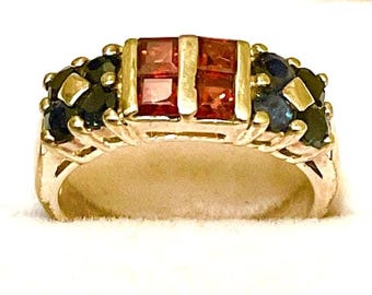 Vintage Art Deco Sterling Silver Ring: Rubies and Sapphires, Size 7