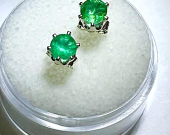 Natural Zambian Emerald Earrings.  Genuine, not lab, 4.5mm, Round cut, Set in Sterling Silver