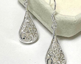 Sterling Silver drop earrings.  Genuine 925, Filigree workmanship, 1 inch drop, Hypoallergenic.