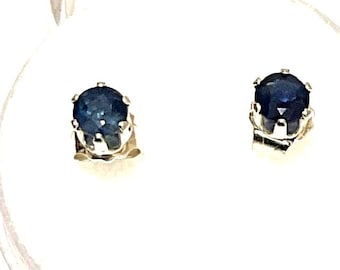 Genuine 3mm. Round, Dark Blue Sapphire, Stud Earrings in Sterling Silver.
