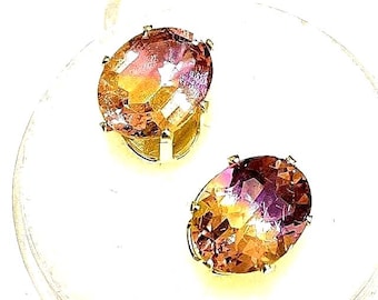 Natural Ametrine Oval Cut Earrings, Sterling Silver, Bi-Color (9x7mm)
