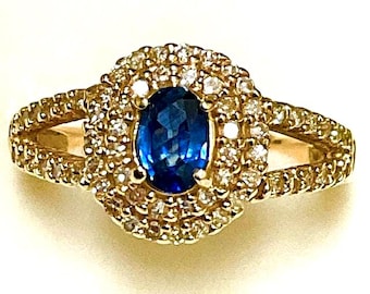 Ceylon Blue Sapphire Diamond Halo Ring, 10kt Yellow Gold, Size 7
