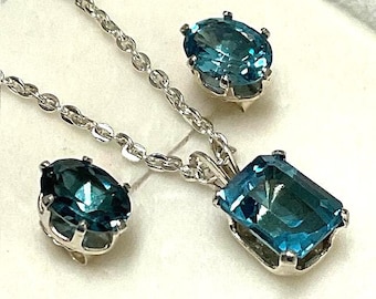 Natural London Blue Topaz Earrings and Necklace Set, Sterling Silver, 18-inch Chain