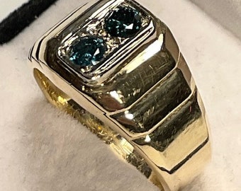 Men's Blue-Green Diamond ring set in 14kt Yellow Gold.