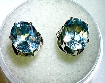 Natural Ice Blue Topaz Sterling Silver Earrings, Oval Cut, Hypoallergenic (9x7mm)