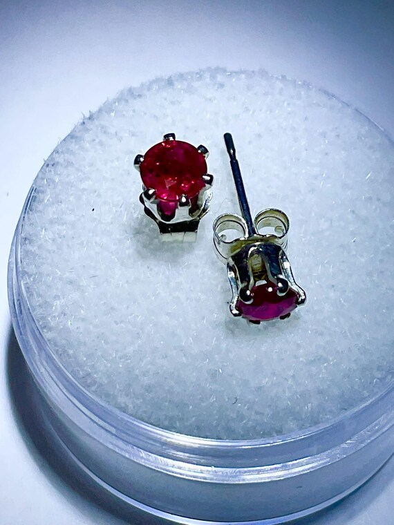 Natural Ruby Sterling Silver Earrings: 4mm Round,… - image 1