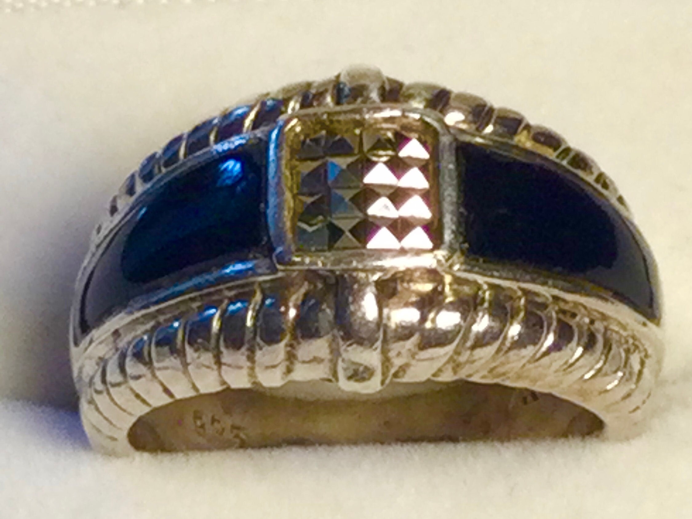 Vintage Art Deco Sterling Silver Ring: White Sapphire & Black Onyx, Size 7