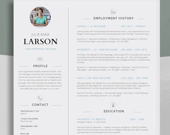 May include: A resume template with a light blue and gray color scheme. The resume is for Julie Anne Larson, a User Experience Designer. The resume includes sections for employment history, education, skills, and hobbies.