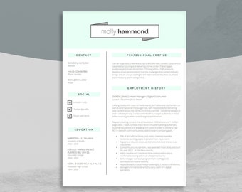 Mint Green Resume Template | Creative 2 Page CV Template | Stylish Resume Design | Discounted CV | Free Cover Letter Template | Fitzrovia