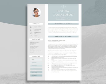 May include: A light blue and white resume template with a photo of a woman in the top left corner. The resume is for Sophia Donaldson, a Fashion Blogger/Writer. The resume includes contact information, education, employment history, and expertise.
