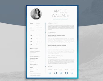 May include: A blue and white resume template with a photo of a woman in the top left corner. The resume is for Amelie Wallace, Digital Marketing Manager. The resume includes sections for introduction, experience, education, references, and skills.