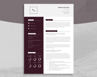 May include: A burgundy and white resume template with the text "Westminster" at the top. The resume is for Andrea Costantini, Account Director. The resume includes sections for social media, profile, employment history, education, and pro skills.