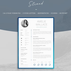 May include: A blue and white resume template featuring a photograph of a woman in the top left corner. The resume is for Amelie Wallace, Digital Marketing Manager. The resume includes sections for introduction, experience, education, references, and skills.