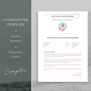 stylish and creative CV cover letter with faded pastel green and pink effects. Covering letter to support a job application with example text. cover letter example with text to use. job application support letter with photo.