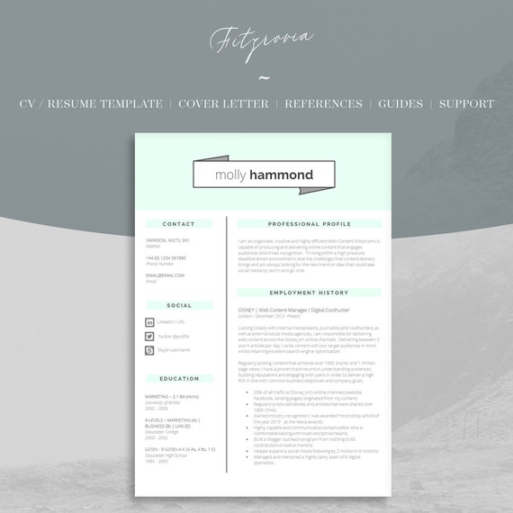 Mint Green Resume Template Creative 2 Page Cv Template Etsy