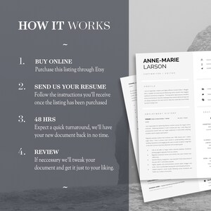 May include: A digital resume template with the text "HOW IT WORKS" and numbered steps: Buy Online, Send Us Your Resume, 48 HRS, and Review. A sample resume is shown with the name Anne-Marie Larson, Copywriter/Editor.
