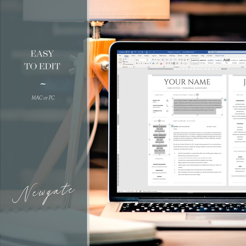 Resume support, resume being edited on a PC, MS Word. Simple to edit word resume, resume edits  replaced with your details.  Word editing. Easy Word Editing for Mac or PC. Custom resume design, diy resume template example