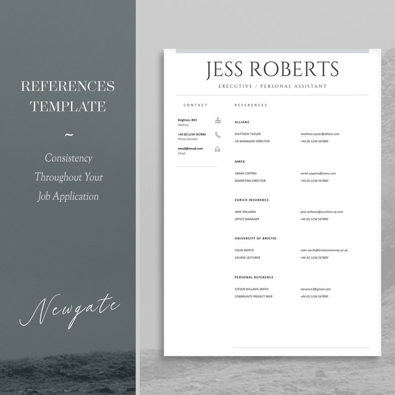 Traditional references template, references page example, example of job application references page, MS Word, editable references template with CV, modern resume pack with references, white references page.