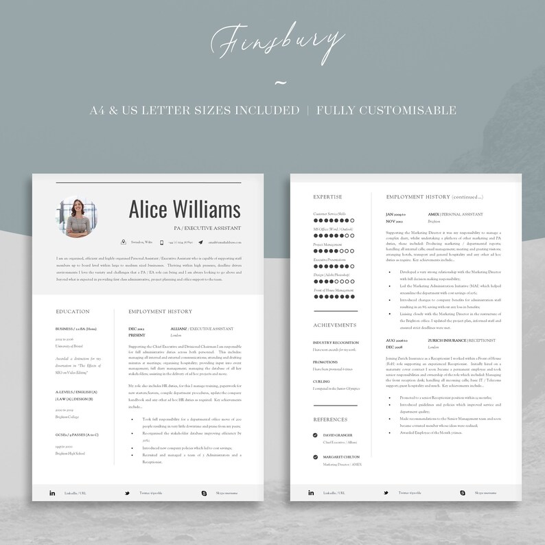 Resume and Cover Letter Template Professional Resume Template A4 & Letter / MAC or PC Professional CV Template for Word Finsbury image 4