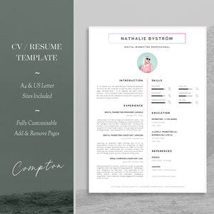 Creative CV with green and pink touches, stylish cv template with a photo in the centre. Single page cv design with line down the middle and text split into two equal columns. CV with line graphs depicting skills and experience.