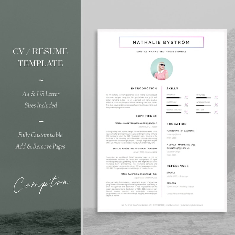 Creative CV with green and pink touches, stylish cv template with a photo in the centre. Single page cv design with line down the middle and text split into two equal columns. CV with line graphs depicting skills and experience.