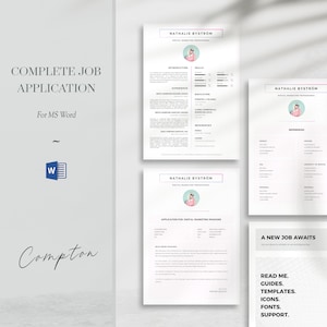 Complete creative CV pack including CV template, cover letter template, references template and support guides. Pages that depict a job application for stylish professionals.