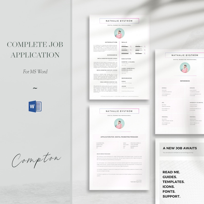 Complete creative CV pack including CV template, cover letter template, references template and support guides. Pages that depict a job application for stylish professionals.