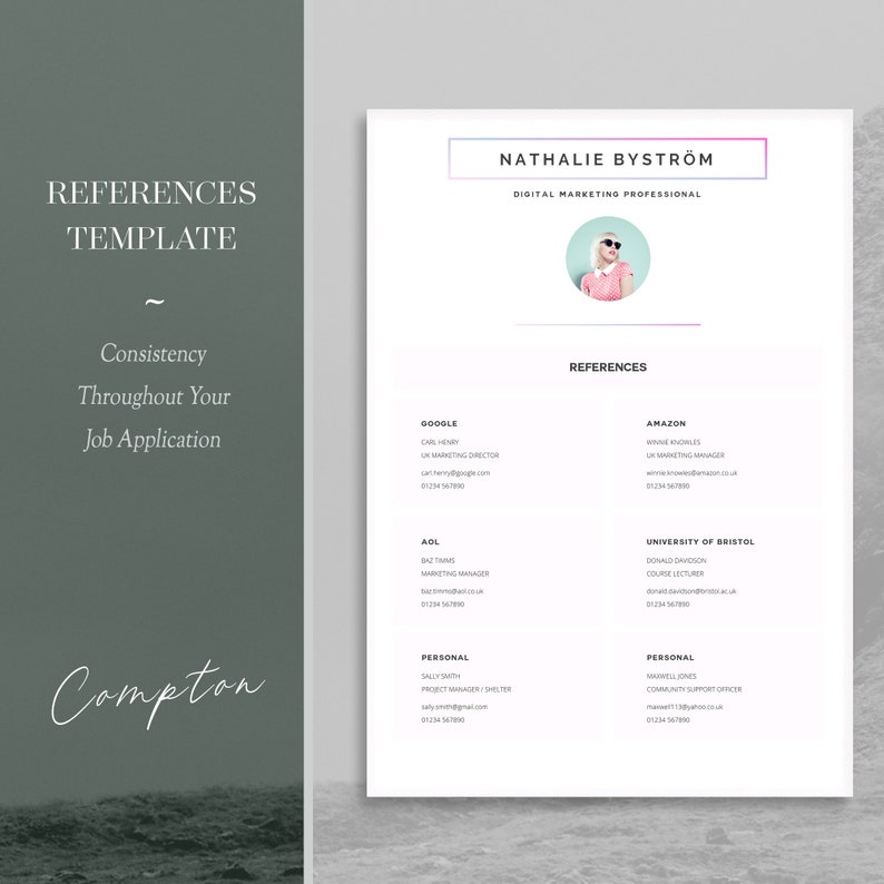 References template for creatives, complete job application template with references template. references template with photo, stylish references template, modern references template for MS Word.