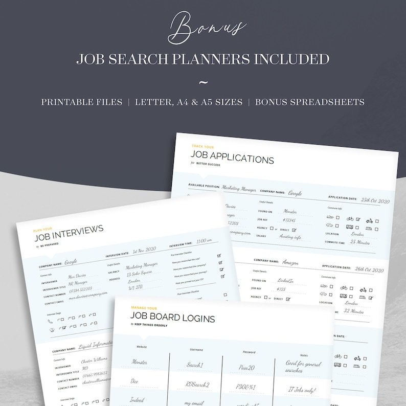 Job search planners to organise your interviews.  Spreadsheet on how to organise your job hunt.