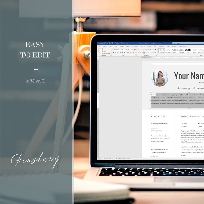 Resume and Cover Letter Template Professional Resume Template A4 & Letter / MAC or PC Professional CV Template for Word Finsbury image 2