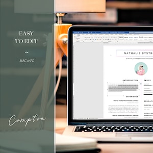 CV with photo being edited on a PC in MS Word. CV with photo being easily edited in Word. Computer screen showing a Creative CV being adjusted with personal data.