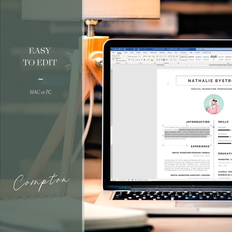 CV with photo being edited on a PC in MS Word. CV with photo being easily edited in Word. Computer screen showing a Creative CV being adjusted with personal data.