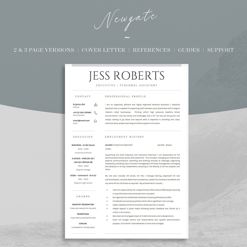 Resume Template for Executives Professional Curriculum Vitae 3 Page CV Template with Free Cover Letter Business CV for Word Newgate image 1