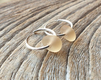 Sterling Silver Hoop Earrings with Seaham Sea Glass in Peach - from Imogen's Beach Jewellery