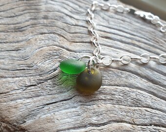 Little Green Pair Sea Glass Charms (bottle and olive) with Sterling Silver Bracelet - from Imogen's Beach