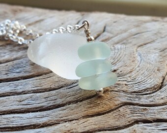 Sterling Silver and Aqua Sea Glass Stack Necklace - from Imogen's Beach