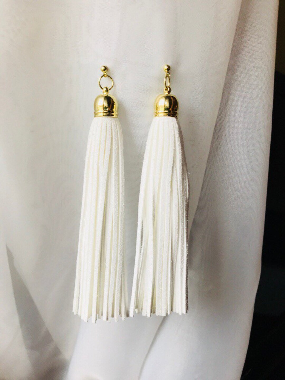 White Tassel Earrings, Long White Tassel Earrings With Gold Cap, Tassel
